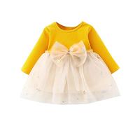 Générique Robe Fille Enfant Manches Longues Patchwork Nœud Étoiles Côtes Assemblage Tulle Princesse Design Détaillé(Yellow, 70)