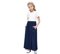 Générique Robe Fille Été Vêtements à Manches Courtes Robes Élégant A-Ligne Dress avec Poches Robe Funky Mode Vêtement Color Block Haut Décontracté Mes Commandes Marine, 13 Ans