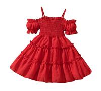 Générique Robe Fille Été Vêtements Epaules Dénudées Dress Robes Couleur Unie Vêtement Manches Flottantes Robe Vêtements Vêtement avec Poches Dress Classique Robes Warehouse Rouge, 140