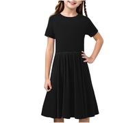 Générique Robe Fille Été Vêtements Robes Couleur Unie à Manches Courtes Dress A-Ligne Robe Mi-Longue Funky Haut Décontracté Mode Vêtement Élégant Hauts Mes Commandes Passées Noir, 9 Ans
