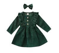 Générique Robe Fille Hiver,Robe-Salopette en Velours CôTelé à Manches Longues Et Bandeau Assorti pour BéBé Fille Tenue à Volants avec Boutons-Pression IdéAle pour Les FêTes (Green 18-24 Months)