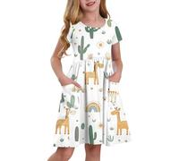 Générique Robe Fille Manches Courtes Coupe A évasée - Idéale Printemps et été avec Poches latérales Pratiques, col Rond et Tissu Doux pour Un Confort Absolu.(2-Vert Clair,5-6 Ans)