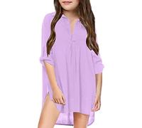 Générique Robe Fille Robe De Plage A Fleurs Tie-Dye A-Line Col Rond Dentelle Salut-Bas Dos Creux Robe de Danse Vintage Couleur Unie Robe Tulle Plage Vacances Cadeau 8-12 Ans