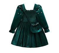 Générique Robe Fille,Robe d'hiver élégante en Velours pour Filles, avec détails Floraux en Perles sur Les épaules et Manches à Volants, pour Les fêtes et Les Occasions Formelles. (Green, 3-4 Years)