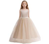 Générique Robe Fille Satin Concours pour Mariage Enfants Perles Bal Gown avec n UD Robe Princesse Mousseline Dos Nu présentateur Fleur âge 5-12 Ans(Beige, 7-8 Year)