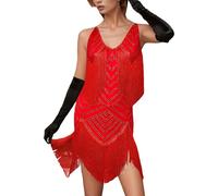 Générique Robe Flapper Années 20 Rétro Paillettes Franges Décolleté V Grande Taille Robe de Bal de Gala Longue Gatsby(Red, M)