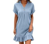 Générique Robe Fluide Femme en Coton Lin Chic Et Elegant Dress Manche Courte Col V Tunique D'Été Mi Longue Dress Droite Décontractée Boheme Chic Casual Robes De Plage Vacances (Sky Blue, XXL)
