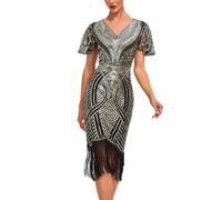 Générique Robe Gatsby Femme Robe Flapper Charleston Pailletée avec Frange Années 20 Vintage Robe de Soirée Cocktail Col V Rétro sans Manche manières