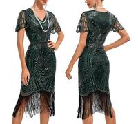 Générique Robe Gatsby Femme Robe Flapper Charleston Pailletée avec Frange Années 20 Vintage Robe de Soirée Cocktail Col V Rétro sans Manche manières