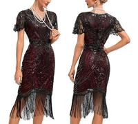 Générique Robe Gatsby Femme Robe Flapper Charleston Pailletée avec Frange Années 20 Vintage Robe de Soirée Cocktail Col V Rétro sans Manche manières