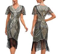 Générique Robe Gatsby Femme Robe Flapper Charleston Pailletée avec Frange Années 20 Vintage Robe de Soirée Cocktail Col V Rétro sans Manche manières