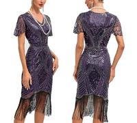 Générique Robe Gatsby Femme Robe Flapper Charleston Pailletée avec Frange Années 20 Vintage Robe de Soirée Cocktail Col V Rétro sans Manche manières