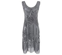 Générique Robe Gatsby Femme Robe Flapper Charleston Pailletée avec Frange Années 20 Vintage Robe de Soirée Cocktail Col V Rétro sans Manche manières