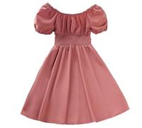 Générique Robe Grande Fille Été Couleur Unie Grand Ourlet Manches Bouffantes Style Une Épaule Princesse Design Élégant(Red, 9-10 Years)