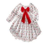 Générique Robe Grande Fille Été Manches Longues Col Rond Imprimé Floral Cerises Détail Nœud Ceinture Élastique Lâche(White, 11-12 Years)