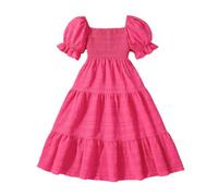 Générique Robe Grande Fille Été Style Boho Décontractée Smocked Jupe Longue Volants avec Poches Manches Bouffantes Col Carré Robe Princesse pour Preadolescente(11-12 Years)