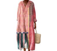 Générique Robe Grande Taille Femme - Robe Longue Été en Lin Chic Élégante Bohème Col V Manches Longues Tunique Plage Imprimée Rayures Fluide Vacances Voyage Casual Maxi Garde-Robe (Grand,G)