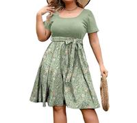 Générique Robe Grande Taille Taille Empire Femme Ete Boheme Chic Robes D'Été À Manches Courtes À Col Rond Fleurie Qui Cache Le Ventre Wrap Taille Dress Mi Longue Décontractée