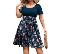 Générique Robe Grande Taille Taille Empire Femme Ete Boheme Chic Robes D'Été À Manches Courtes À Col Rond Fleurie Qui Cache Le Ventre Wrap Taille Dress Mi Longue Décontractée