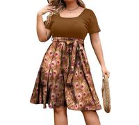 Générique Robe Grande Taille Taille Empire Femme Ete Boheme Chic Robes D'Été À Manches Courtes À Col Rond Fleurie Qui Cache Le Ventre Wrap Taille Dress Mi Longue Décontractée