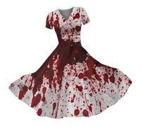 Générique Robe Halloween Femme Victorienne - Robe Moulante à Col En V Avec éClaboussures De Sang D'Halloween Et Imprimé éTrange Robes Femmes Automne
