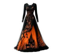 Générique Robe Halloween Sorcière Femme Longue Manches Longues Imprimé Château Déguisement de Luxe avec Chapeau pour Soirée