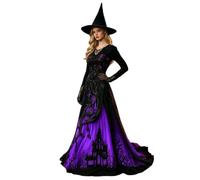 Générique Robe Halloween Sorcière Femme Longue Manches Longues Imprimé Château Déguisement de Luxe avec Chapeau pour Soirée