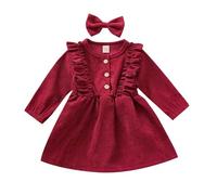 Générique Robe Hiver Enfant Fille,Robe-Salopette en Velours CôTelé à Manches Longues Et Bandeau Assorti pour BéBé Fille Tenue à Volants avec Boutons-Pression IdéAle pour Les FêTes (Red 3-4 Years)