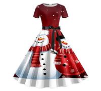 Générique Robe Hiver Femme Chic Et Elegant,Robe De SoiréE à Manches Courtes S Imprimé De NoëL AnnéEs 1950 Foyer Robe De Bal (White M)