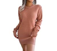 Générique Robe Hiver Femme Manche Longue,Pull Chic Et Elegant Robe Pull TricotéE Encolure Ronde à Carreaux Couleur Unie DéContracté Sweater Dress Mi Longue Chandail Pull Slim Fit