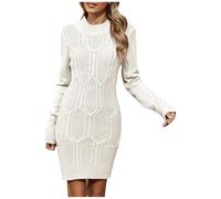 Générique Robe Hiver Femme Mi Longue,Robe Manche Longue Chic Pull Chaud en Tricot Col Rond avec Perles Dress Moulante DéContractéE Pullover Enveloppement des Hanches pour Bureau FêTe