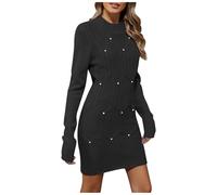Générique Robe Hiver Femme Mi Longue,Robe Manche Longue Chic Pull Chaud en Tricot Col Rond avec Perles Dress Moulante DéContractéE Pullover Enveloppement des Hanches pour Bureau FêTe