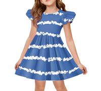 Générique Robe légère à Manches Papillons et insertions - Col Rond, Silhouette A-Line avec imprimé Tendance et gai.(2-Bleu,12-13 Ans)