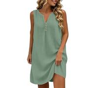 Générique Robe Legere Fluide Ete,Robe D'Été Courte en Lin Coton Femme sans Manches Robes Décontractée Lâche Col V avec Boutons Robes De Plage Doux Chic Et Élégant Ample Léger Respirant Vert XL