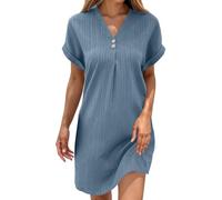 Générique Robe Lin Coton Femme Ete Chic Elegant Tunique Robe Manches Courtes Ample Casuel Couleur Unie Robes avec Boutons Col V Robes De Plage Grandes Tailles Dress pour FêTe Vacances