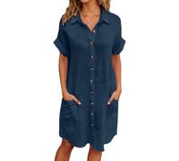 Générique Robe Lin Coton Femme Ete Chic Elegant Tunique Robe Manches Courtes Ample Casuel Couleur Unie Robes avec Boutons Col V Robes De Plage Grandes Tailles Dress pour FêTe Vacances S-3XL