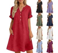 Générique Robe Lin Coton Femme Ete Chic Elegant Tunique Robe Manches Courtes Ample Casuel Couleur Unie Robes avec Boutons Col V Robes De Plage Grandes Tailles Dress pour FêTe Vacances