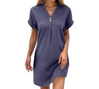 Générique Robe Lin Coton Femme Ete Chic Elegant Tunique Robe Manches Courtes Ample Casuel Couleur Unie Robes avec Boutons Col V Robes De Plage Grandes Tailles Dress pour FêTe Vacances