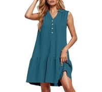 Générique Robe Lin Coton Femme Ete Chic Elegant Tunique Robe Manches Courtes Ample Casuel Couleur Unie Robes avec Boutons Col V Robes De Plage Grandes Tailles Dress pour FêTe