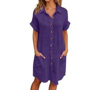 Générique Robe Lin Coton Femme Ete Chic Elegant Tunique Robe Manches Courtes Ample Casuel Couleur Unie Robes avec Boutons Col V Robes De Plage Grandes Tailles Dress pour FêTe Vacances S-4XL robe ete