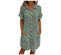 Générique Robe Lin Coton Femme Ete Chic Elegant Tunique Robe Manches Courtes Ample Casuel Couleur Unie Robes avec Boutons Col V Robes De Plage Grandes Tailles Dress pour FêTe Vacances