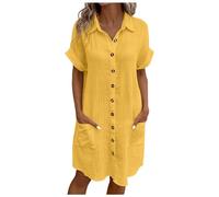 Générique Robe Lin Coton Femme Ete Chic Elegant Tunique Robe Manches Courtes Ample Casuel Couleur Unie Robes avec Boutons Col V Robes De Plage Grandes Tailles Dress pour FêTe Vacances S-2XL Chic