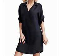 Générique Robe Lin Coton Femme Ete Chic Elegant Tunique Robe Manches Courtes Ample Casuel Couleur Unie Robes avec Boutons Col V Robes De Plage Pas Cher Grandes Tailles Dress pour FêTe Vacances
