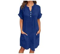 Générique Robe Lin Coton Femme Ete Chic Elegant Tunique Robe Manches Courtes Ample Robes avec Boutons Col V Casuel Couleur Unie Robes De Plage Grandes Tailles Dress pour FêTe et Vacances