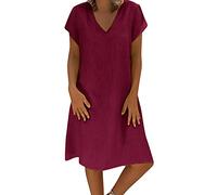 Générique Robe Lin Ete Femme Mi Longue Femmes Tank Robe de Travail Chic et Elegant Décontractée Couleur Unie Manche Courte Paire avec Jupe Vêtements Femme Cotton en Line Chemise Maxi Robes De Soie