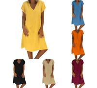 Générique Robe Lin Ete Femme Mi Longue Femmes Tank Robe de Travail Chic et Elegant Décontractée Couleur Unie Manche Courte Paire avec Jupe Vêtements Femme Cotton en Line Chemise Maxi Robes De Soie