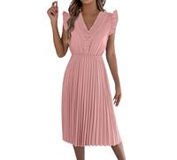 Générique Robe Lin Femme Été Col V Coupe Ample | d'église, midi à Volants Manches Courtes avec Bordure en Dentelle, plissées, Tenues Mignonnes enseignantes (XL) | pour Plage, Vacances et Quotidien