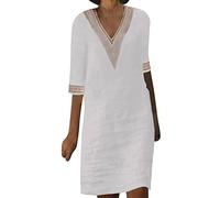 Générique Robe Lin Femme Été, Robe Mi Longue Femme Droite, Col en V en Manches Courtes Coupe Trapèze Robe De Plage Ample Rétro Robe en Lin Décontractée pour Fêter Robe De Vacances À La Plage