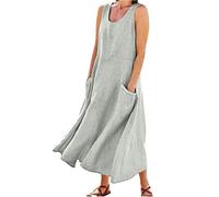 Générique Robe Longue Ample Style Lin Femme Col U Sans Manches avec Poches, Coupe Fluide Bohème, Robe de Plage Polyvalente Plusieurs Couleurs Unies
