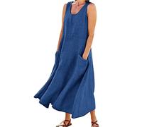 Générique Robe Longue Ample Style Lin Femme Col U sans Manches avec Poches, Coupe Fluide Bohème, Robe de Plage Polyvalente Plusieurs Couleurs Unies